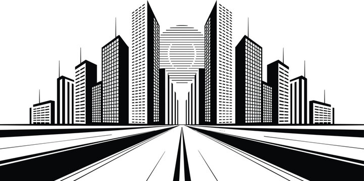 Modern city skyline silhouette background with perspective road and high skyscrapers buildings under striped sun vector illustration