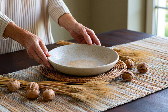 Woman's hands placing a ceramic bowl on a woven placemat surrounded by walnuts and wheat stalks on a wooden dining table in a bright interior setting