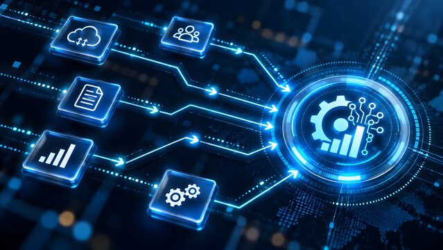 Digital concept of workflow automation showing multiple cloud data sources and business analytics metrics flowing into a centralized processing system hub