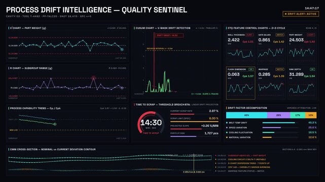 The Molding Quality Dashboard features advanced Process Drift Detection before Scrap Escalation, showcasing real-time SPC charts and alerts for manufacturing efficiency.