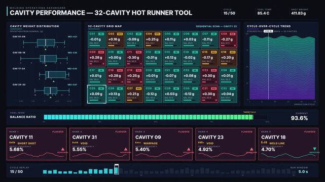 Explore a detailed molding operations dashboard showcasing cavity performance comparison across production cycles with vibrant visual elements and real-time data insights.