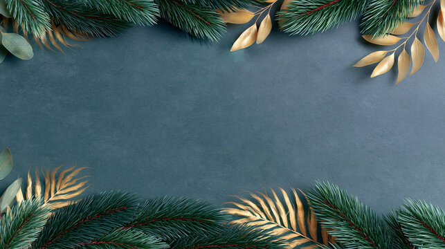 Green pine and golden leaf arrangement on a dark blue background, creating a festive border suitable for holiday-themed designs and seasonal decorations