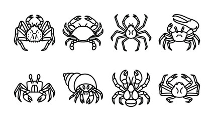 Obraz premium A Set of Crab Illustrations: A collection of various line art drawings depicts different types of crabs and a hermit crab, showcasing their unique characteristics.