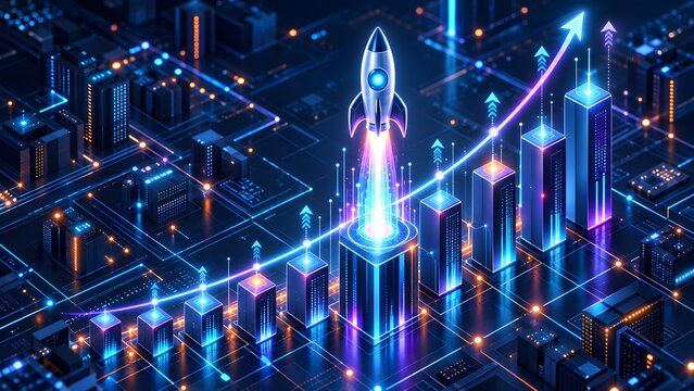 Isometric futuristic digital cityscape with a launching rocket ship and glowing rising bar charts representing rapid business growth and tech innovation