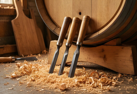 Craftsmanship and woodworking tradition, professional wood chisels leaning against a rustic oak barrel in a carpentry workshop with wood shavings