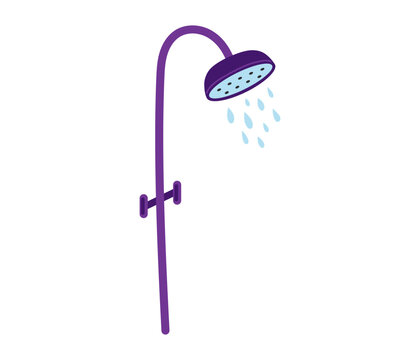 Purple showerhead with falling water drops, bathroom plumbing icon for hygiene and spa design. Flat vector illustration
