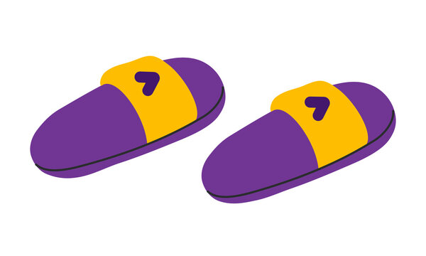 Pair of purple and yellow slide slippers with arrow logo, comfy footwear for home and spa design. Flat vector illustration