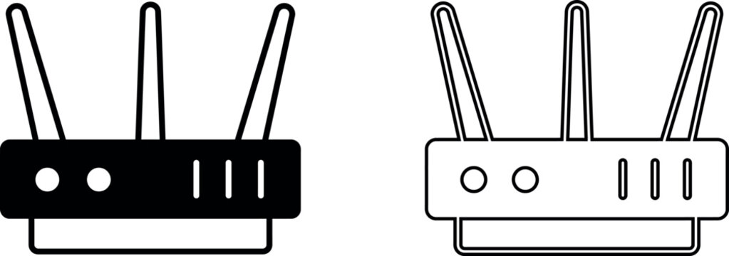 Two professional wireless router icons in solid and outline styles for reliable high speed internet on a white backdrop.