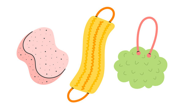 Set of bath sponges and loofah with loop handles, pink yellow and green cleaning tools for spa design. Flat vector illustration