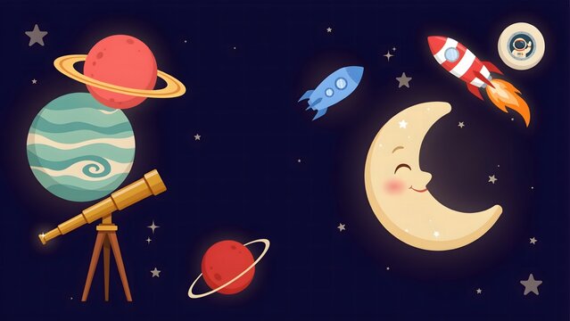 Colorful space telescope with planets and moon