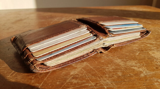 Worn leather wallet overstuffed with multiple credit cards on a desk