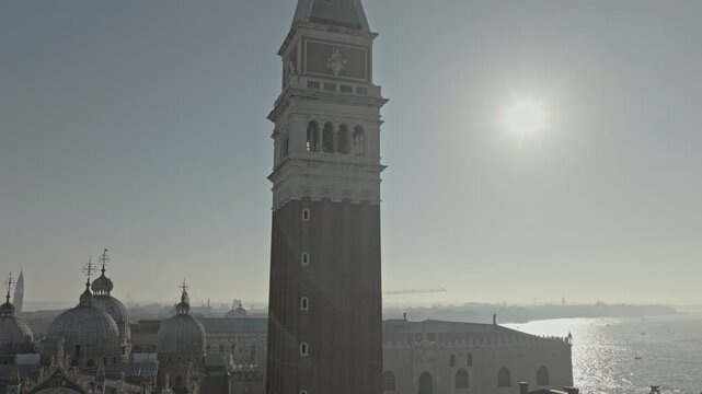 Aerial view of St. Mark's Campanile in Venice, Italy.