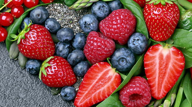 Fresh mixed forest berries including strawberries blueberries and raspberries