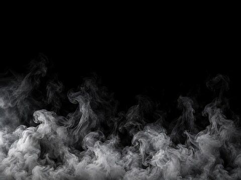 Thick white smoke rising from the bottom against a solid black background, creating a dense and swirling atmospheric texture of gray vapor