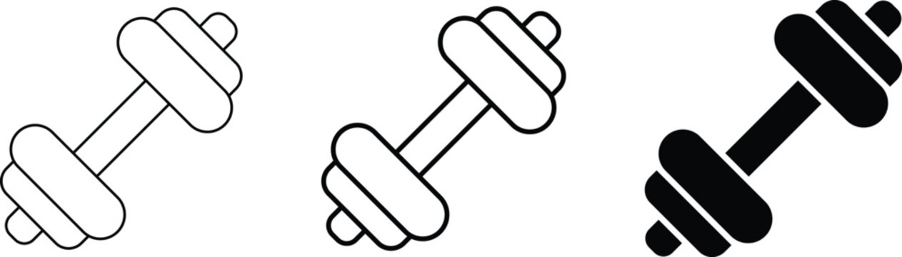 Dumbbell gym fitness vector icon set. Bodybuilding equipment and weightlifting strength training symbol. Diagonal dumbbells in thin outline, bold stroke, and solid black