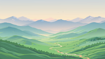 Fototapeta premium Vibrant vector landscape of rolling green hills, a winding valley river, and distant snow-capped mountains under a soft pastel dawn sky.