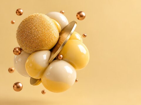 Yellow and white glossy spheres with a textured golden ball and a gold disc floating in a cluster against a soft light yellow gradient background