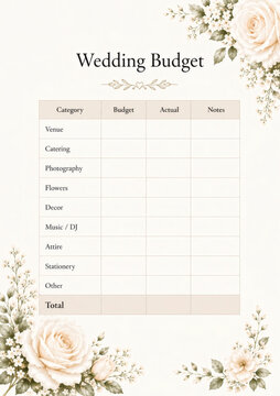 Elegant floral wedding budget planner template with beige roses, perfect for organizing event expenses. Printable and customizable for brides and wedding planners.