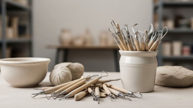 Pottery tools, raw clay, and ceramic bowls on a studio table