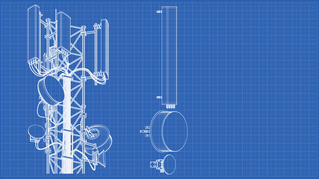 Point-to-Point Antennas, Sector Antennas, Microwave Antennas - Technical Engineering Drawing. 3D rendering isolated on blue background.  3D Mesh, Sketch, Blueprint, Vector style