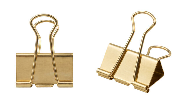 Gold Binder Clip Open and Closed Isolated on Transparent Background