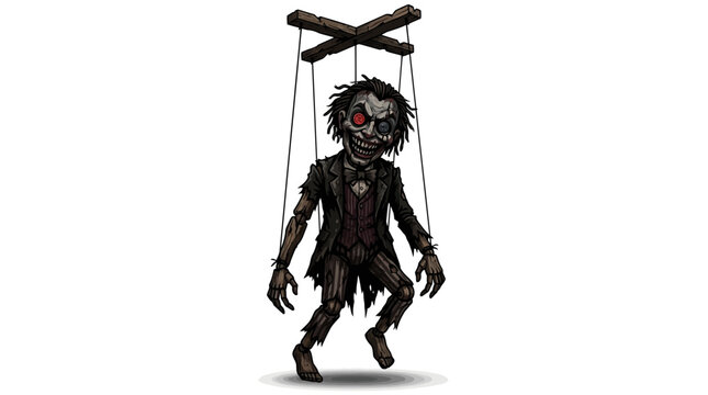 Dark silhouette puppet figure controlled by strings in minimalist studio setting with copy space