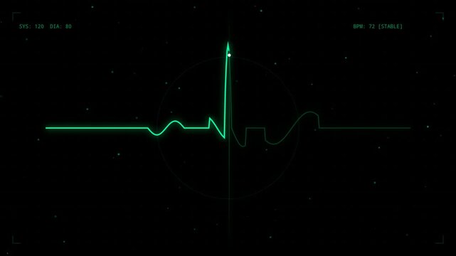 Heart rate monitor animation showing EKG electrocardiogram rhythm on digital display screen with green pulse heartbeat medical graph futuristic hospital health healthcare cardiology vital signs line