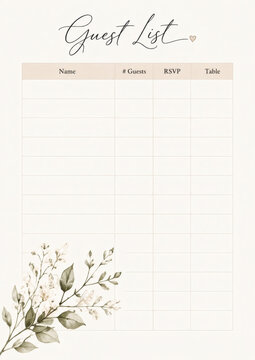 Elegant floral guest list template for weddings, events, or parties. Minimalist design with delicate watercolor flowers. Printable and customizable for any occasion.