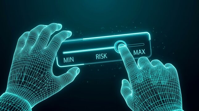 Digital wireframe hands adjusting a risk slider for technology assessment and management.