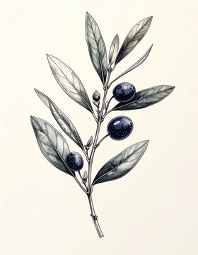 Minimal olive branch botanical line illustration