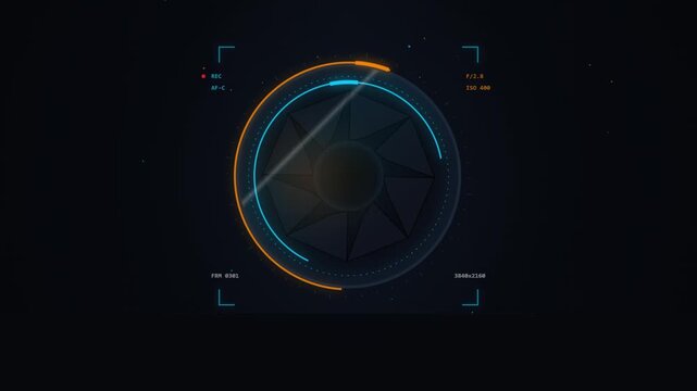 Abstract futuristic camera interface with rotating aperture and glowing elements, high tech digital display for video recording.