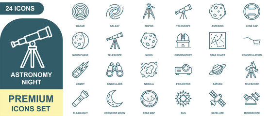 Astronomy night icon sheet featuring 24 dark teal outline symbols including telescopes, planets, stars, radar, and astronomical equipment on a white background © ico-vect