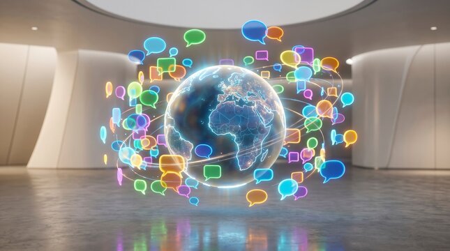 Futuristic glowing Earth hologram surrounded by vibrant neon speech bubbles in a modern hall, representing worldwide communication, digital connectivity, social media networking, and global dialogue.