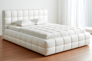 Obraz premium Modern luxury white upholstered bed with square tufted headboard in bedroom