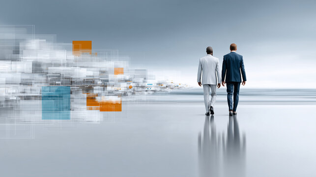 Strategic Planner with Humanoid AI Forecasting Specialist Before Transparent Future-State Landscape &mdash; Business Planning Portrait

