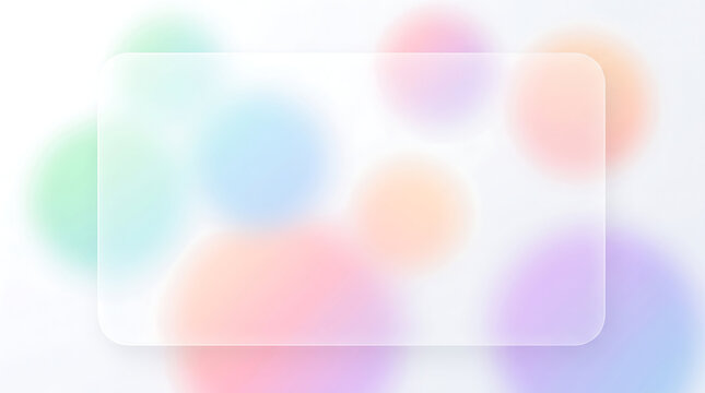 Abstract glassmorphism frosted glass plate overlaying soft pastel bokeh circles creates a modern aesthetic background for user interface web designs.