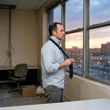 Businessman loosening tie while looking out office window at sunset after long work day   
