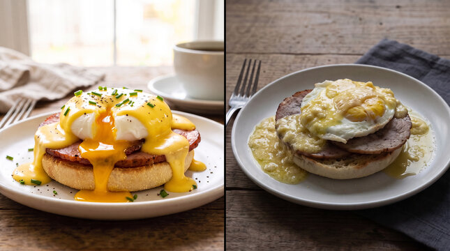 Comparison of classic eggs Benedict with poached egg hollandaise and fast food version