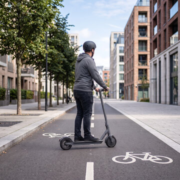Man riding electric scooter on designated bike lane in modern city street