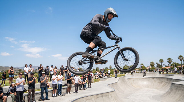 BMX rider performing high jump trick over skatepark bowl in front of crowd