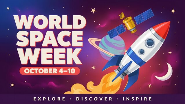 World space week colorful retro rocket illustration