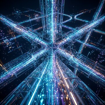 A complex 3D digital visualization featuring a symmetric network of glowing blue data conduits and light particles intersecting in a vast dark virtual environment.