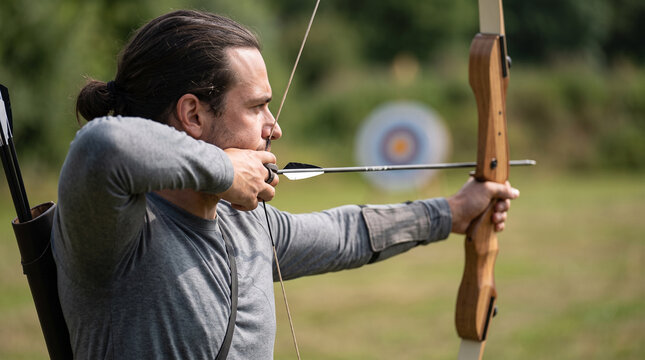 Male archer drawing bow aimed at target board in field