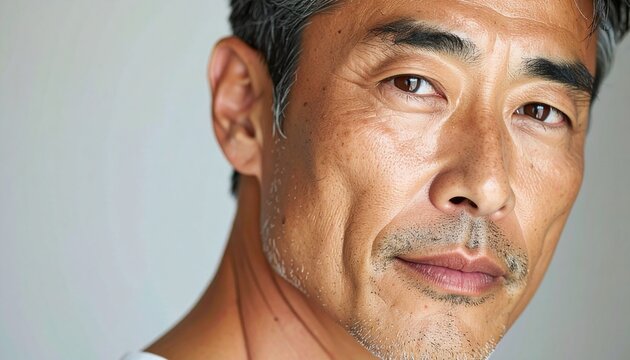 横顔をドアップで捉えた40代後半男性の落ち着いた表情ポートレート