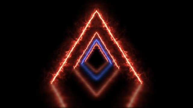 Abstract blue orange electric neon triangle tunnel loop. Futuristic glowing plasma energy portal motion background. Dark fire ice geometric corridor animation.