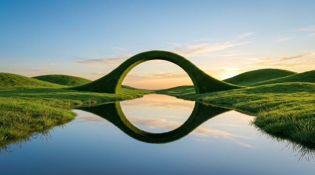 Emerald green arch bridge over calm water at sunset