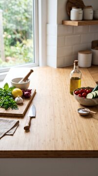 Fresh ingredients and kitchen utensils arranged on a wooden countertop in a bright kitchen.