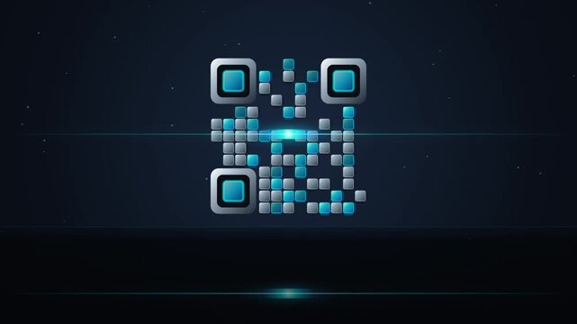 Futuristic QR code scanning process animation with glowing light beam and digital data blocks on dark background.
