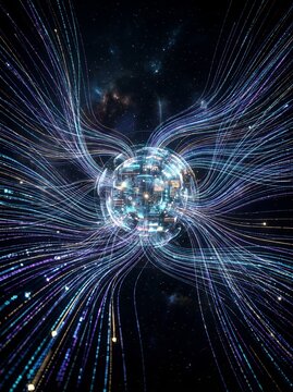A stunning 3D visualization featuring a central glowing orb emitting complex digital light trails and neon fiber optic lines against a dark cosmic void background.