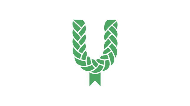 Green braided wreath letter U logo concept with leaf patterns and ribbon decoration